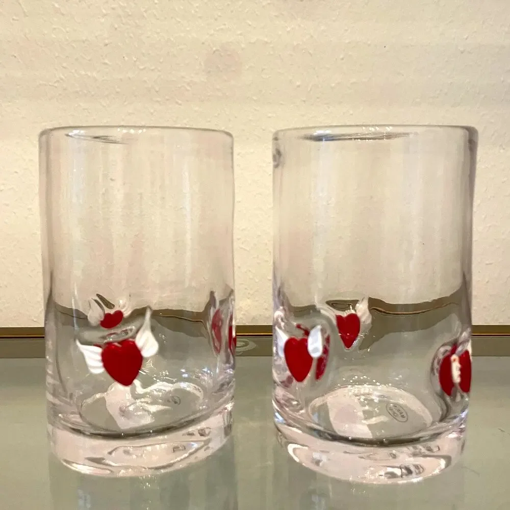 Icon Winged Heart Inlay Drinking Glasses 5in Set of 2 Red White Valentine NEW